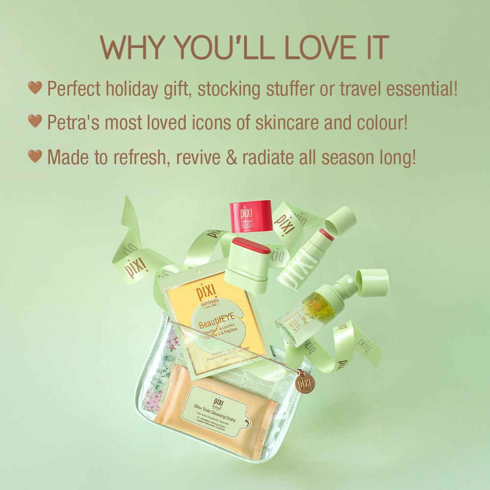Why You'll Love it. Perfect Holiday Gift, stocking stuffer or travel essential! Petra's most loved icons of skincare and colour! Made to refresh, revive & radiate all season long!
