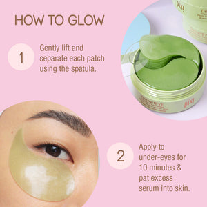 How to Glow 1-Gently lift and separate each patch using the spatula 2-Apply to under-eyes for 10 minutes & pat excess serum into skin.