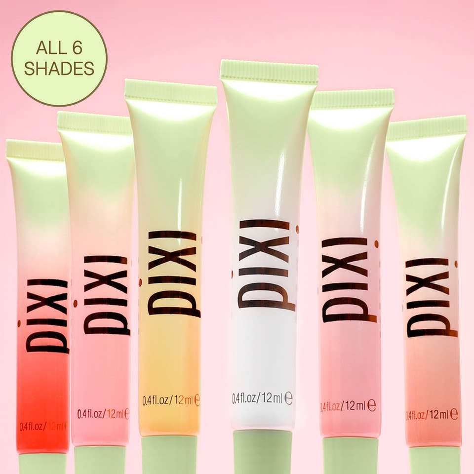 Six Pixi cosmetic squeeze tubes arranged upright on a soft pink background, each showing a different shade from the brand's all-6-shades collection. The tubes feature a light green-to-pastel gradient with coral, peach, yellow, and white tones, and the brand name 'PIXI' is printed vertically in black. view 1