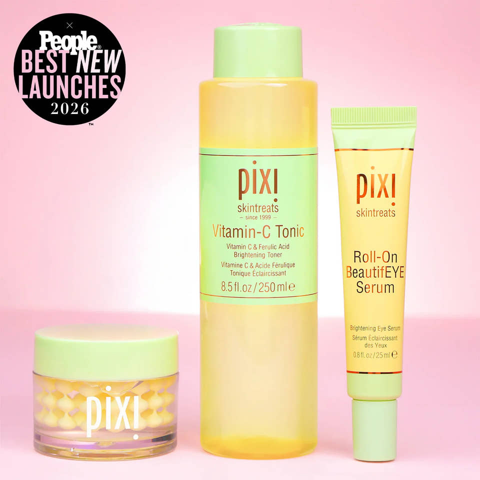 Vitamin-C Trio bundle on a pink background including Vitamin-C CremeSerum, Tonic and Roll-On BeautifEYE Serum. Badge for People's Best New Launches 2026 view 1