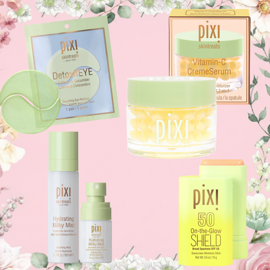 Petra's Travel Glow Edit on a pink background featuring Detoxifeye 5-Pairs, Vitamin-C CremeSerum, Hydraing Milky Mist and On-the-Glow SHIELD SPF 50