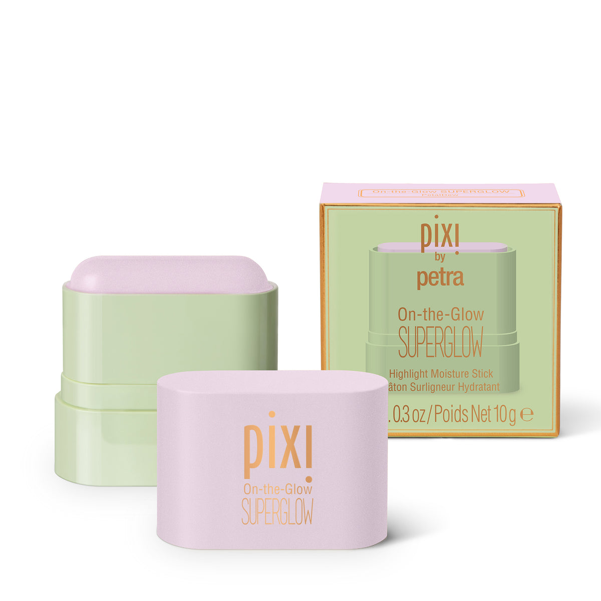 Pixi by Petra On-the-Glow SuperGlow highlighter stick shown with its pale pink cap, light green body, and matching light green and gold outer box on a white background.