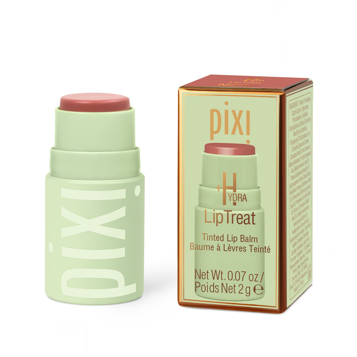 Pixi Hydra LipTreat tinted lip balm in a light green tube with a dusty rose pink cap, shown next to its matching light green and gold packaging box on a white background.