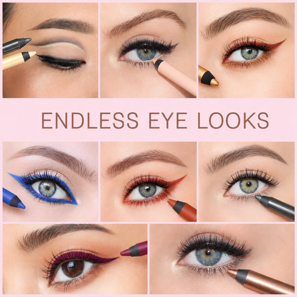 A collage of seven close-up eye makeup looks with the text 'ENDLESS EYE LOOKS' in the center. The panels show different eye makeup styles and eyeshadow/liner colors, including black, blue, red, purple, and bronze tones, applied to various eyes. view 2