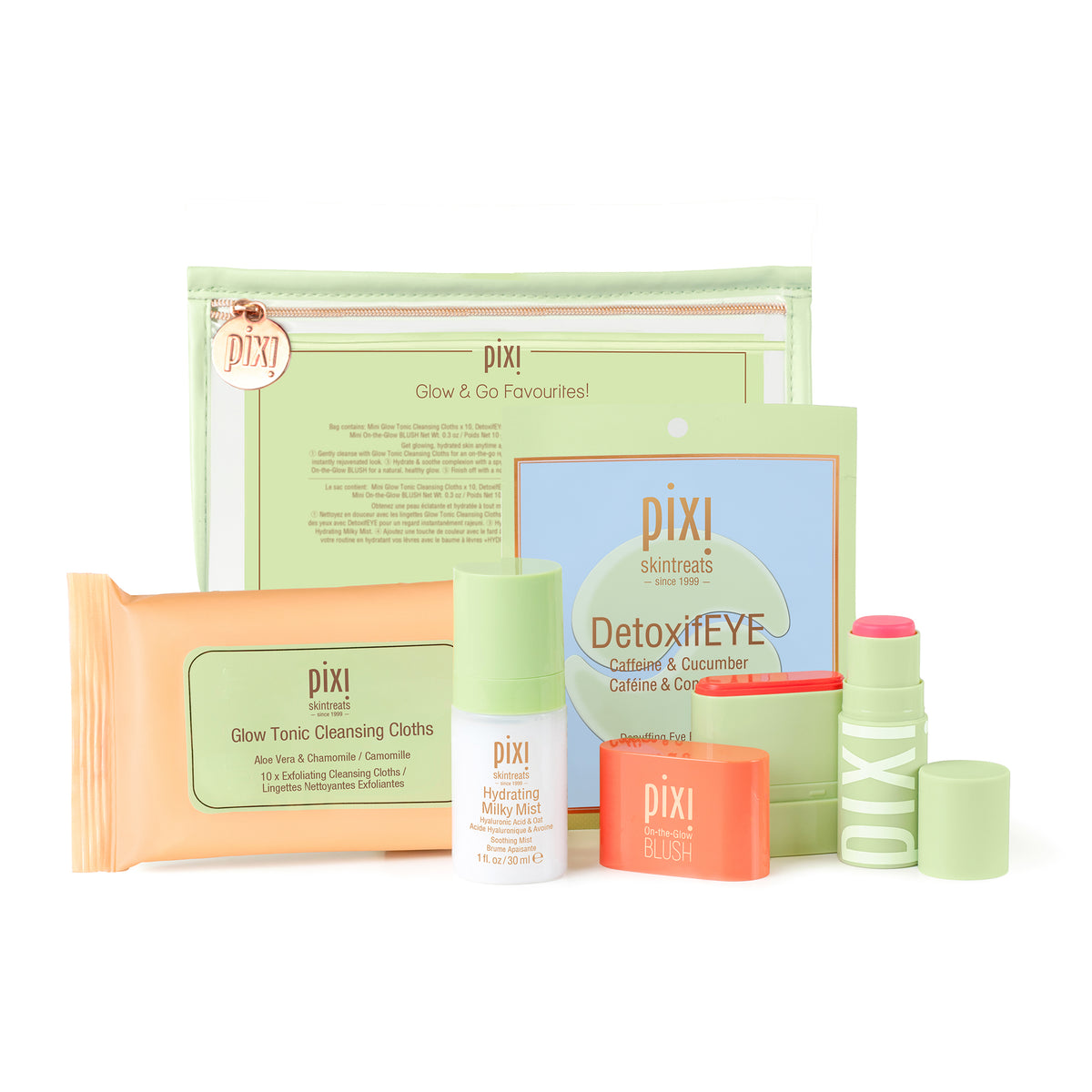 Pixi skincare Glow and Go Favourites Includes Mini Glow Tonic Cleansing Cloths, Travel Size Hydrating Milky Mist, On-the-Glow BLUSH Petite in shade Juicy, +Hydra LipTreat in shade Passion and one pair of single use DetoxifEYE eye patch on a white background