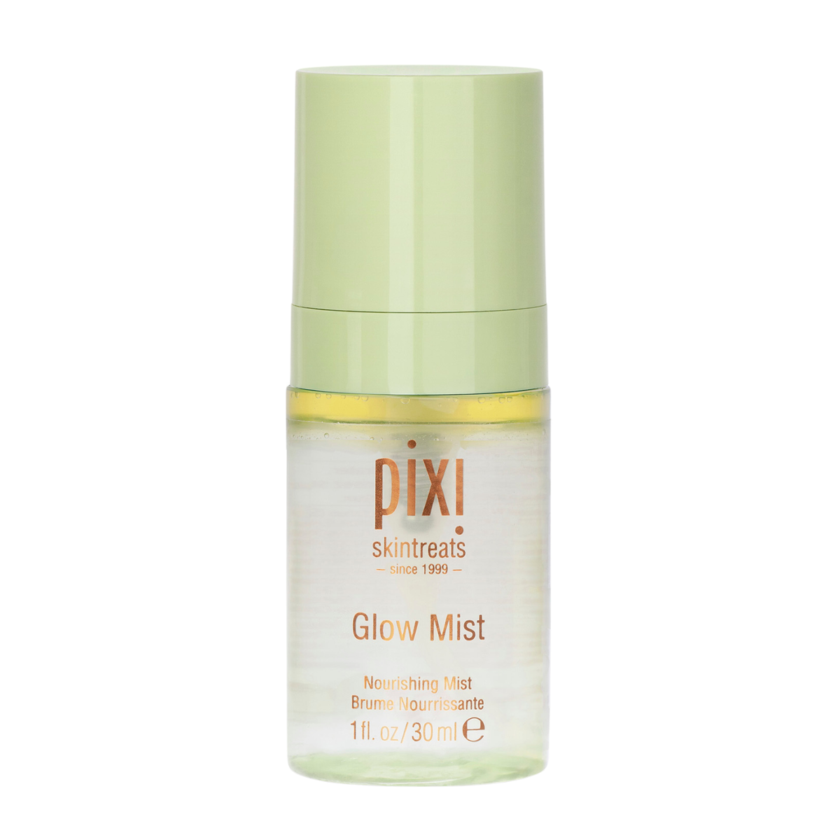 Pixi Skintreats Glow Mist nourishing mist in a 1 fl. oz. (30 ml) clear bottle with a light green cap, on a white background.