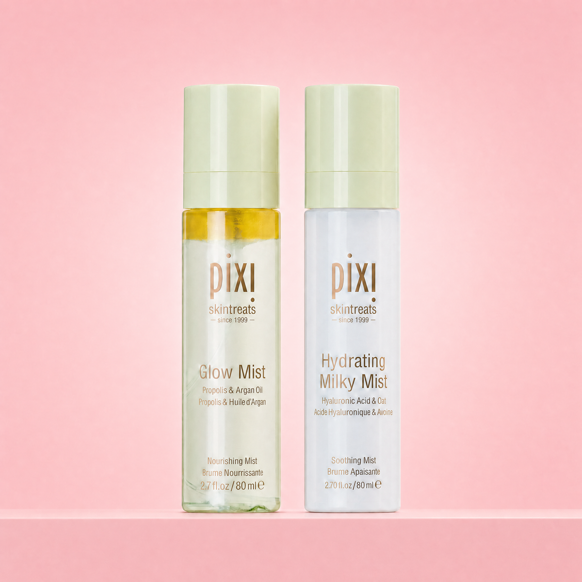 Mist Duo shown on a pink background featuring Glow Mist and Hydrating Milky Mist